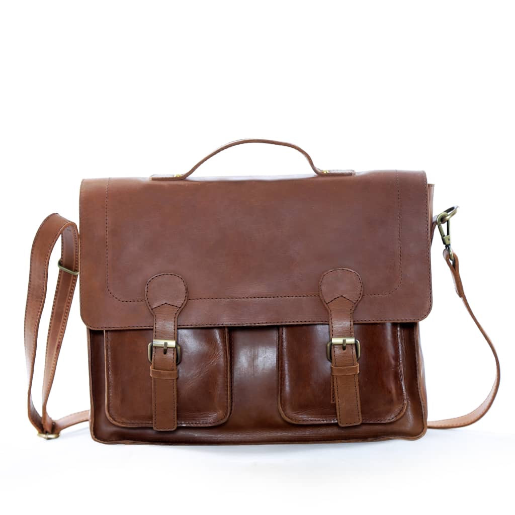 PARRYS LEATHER WORLD Handmade Genuine Leather Vintage Laptop Bag / Messenger Briefcase - Brown (Free Engraving)